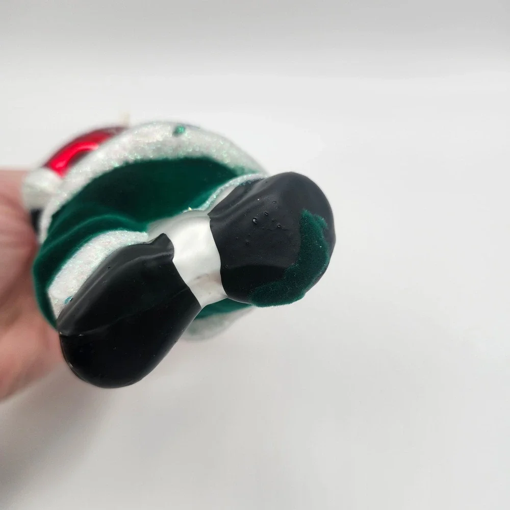 Vintage Style Glass Santa Ornament Red Coat Green Flocked‎ Pants Gift Bag